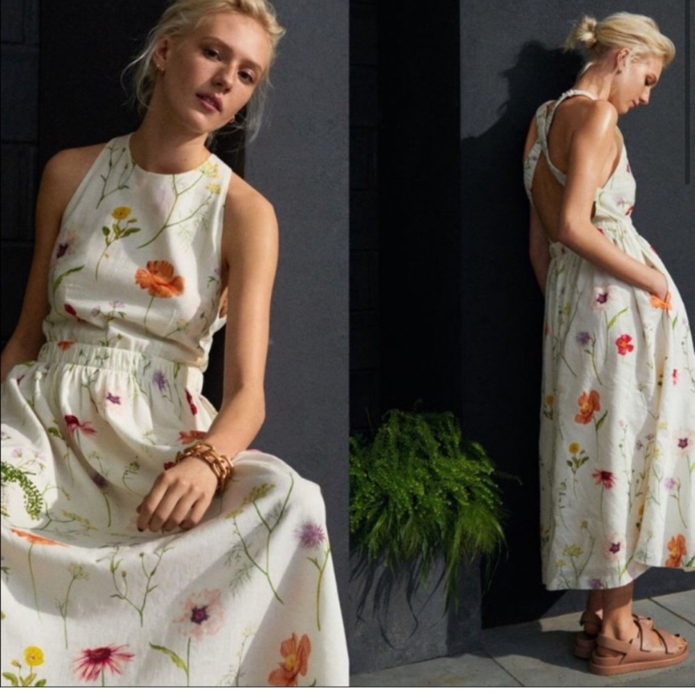H&M Linen Blend Wildflower Collection Midi Dress sz - Picture 2 of 3
